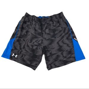 Under Armour Running Shorts Large Fitted HeatGear 7” inseam Grey Camo and blue